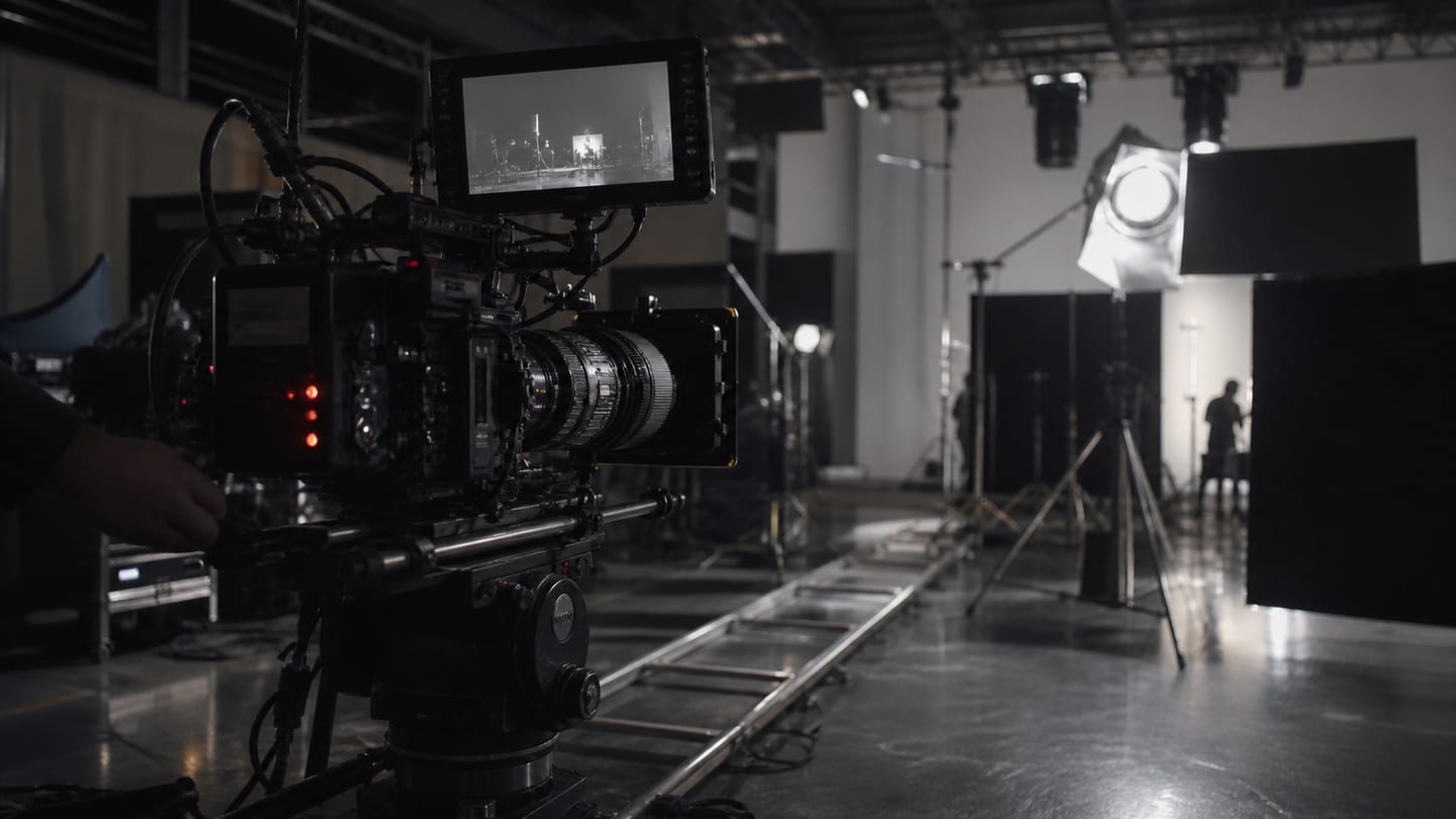 Cinematic production stage with camera and lighting